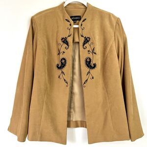 Studio 1 Brown Vegan Suede Paisley Embroidered Open Front Blazer Plus Size 18W